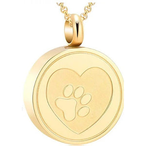 Pendentif porte-cendres chien doré, médaillon rond orné d'un cœur et d'une patte