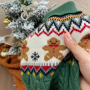 Détail de la maille du pull de Noël vert pour chien avec motif bonhomme pain d'épice