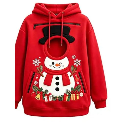 Pull de Noël rouge motif bonhomme de neige avec ouverture ronde pour la tête du chat