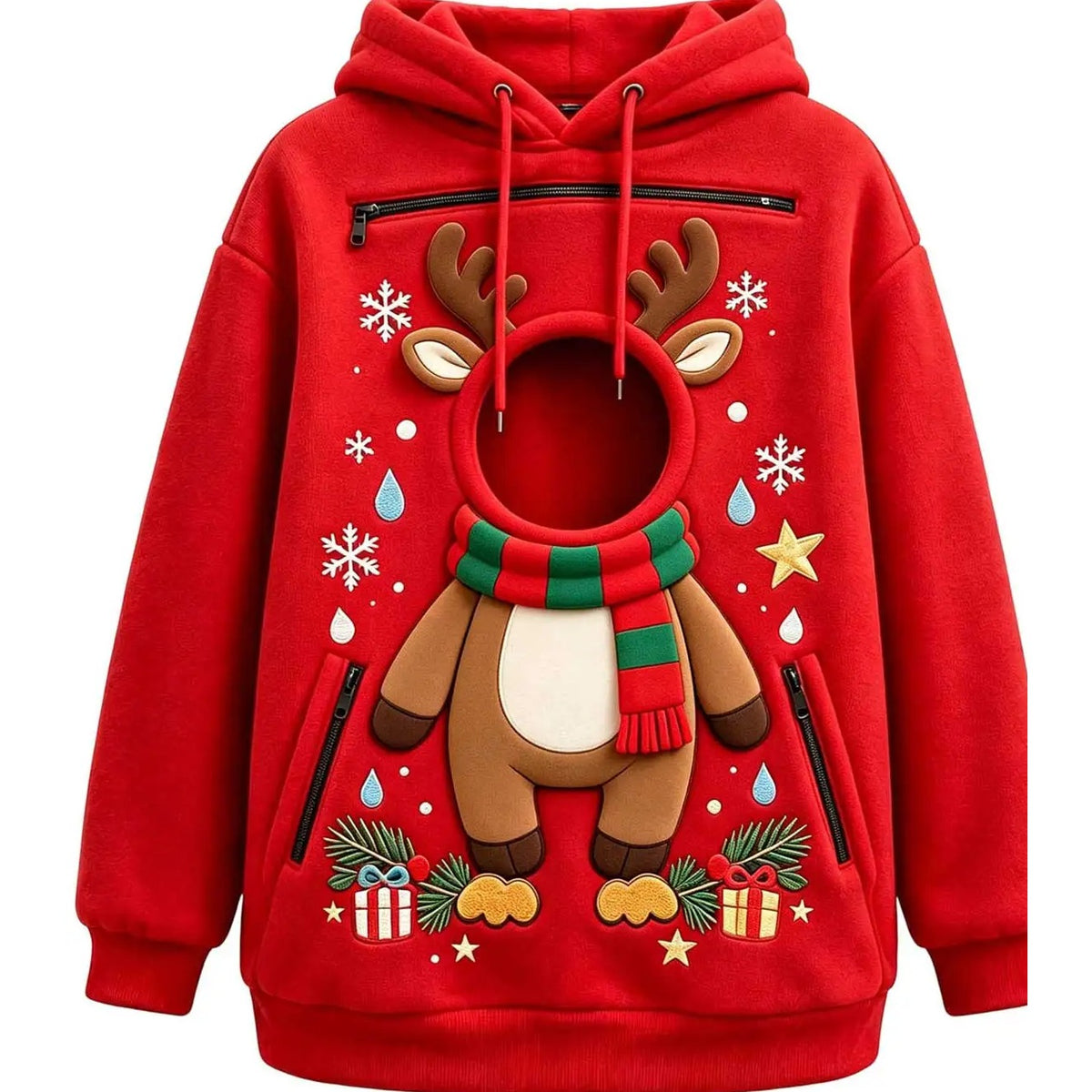 Pull de Noël rouge à capuche motif renne : ouverture ronde à la place du visage, pour la tête de votre chat