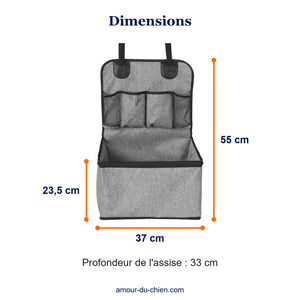 Dimensions du siège auto petit chien : 37 cm de large, dossier de 55 cm