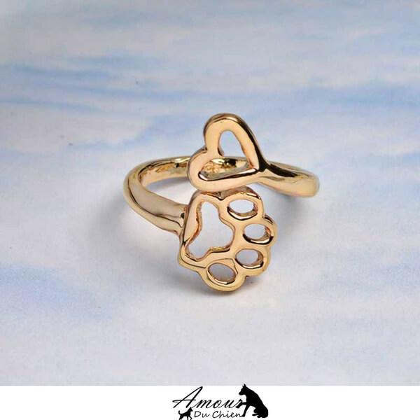bague coeur et patte chien doré