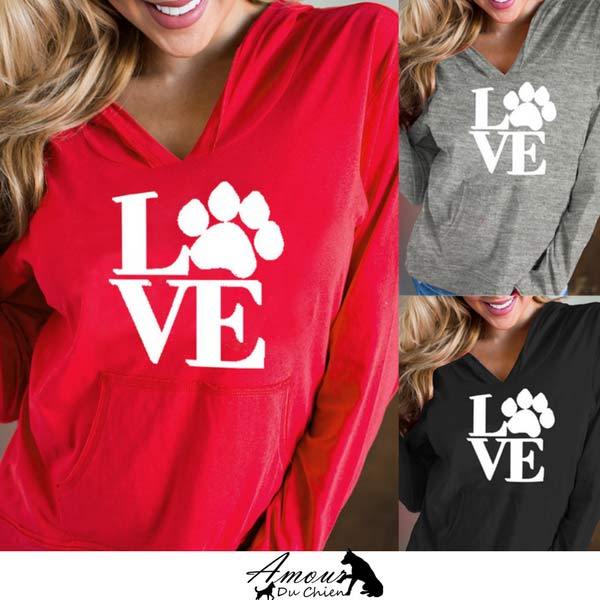 pull capuche amour chien pour femme