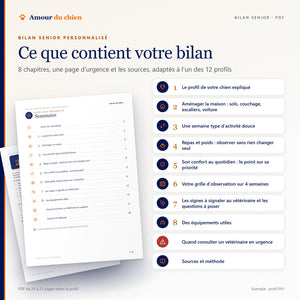 Sommaire du bilan senior pour chien : 8 chapitres, page urgence et sources, de la maison aux signes à signaler