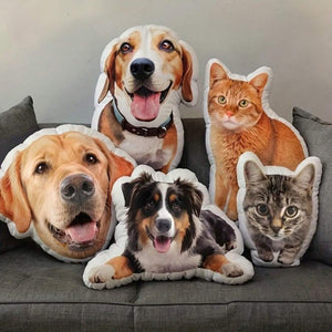 Coussins photo découpés à la forme de chiens et de chats, posés sur un canapé gris