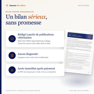 Bilan senior rédigé à partir de publications vétérinaires citées, sans diagnostic, PDF envoyé par e-mail