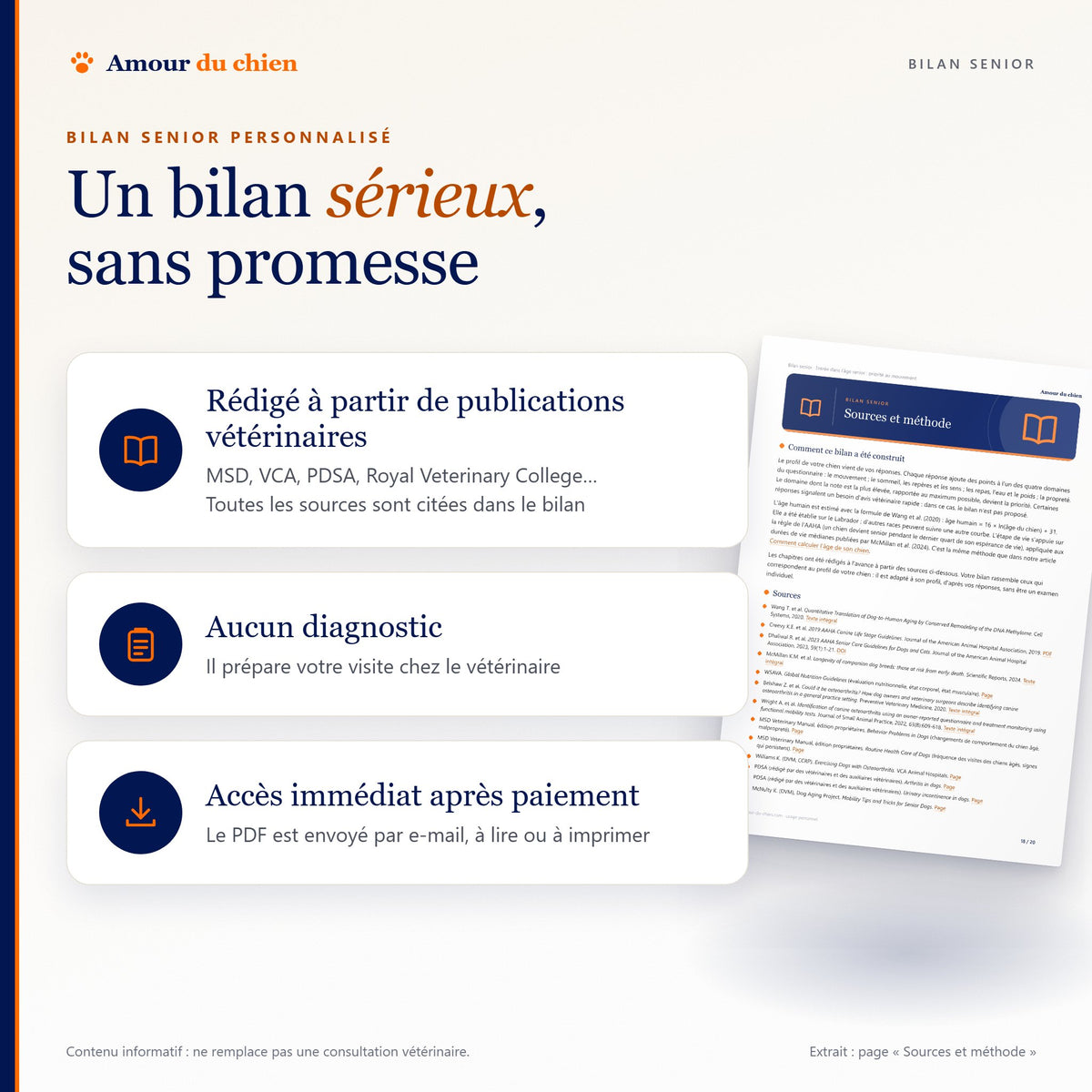 Bilan senior rédigé à partir de publications vétérinaires citées, sans diagnostic, PDF envoyé par e-mail