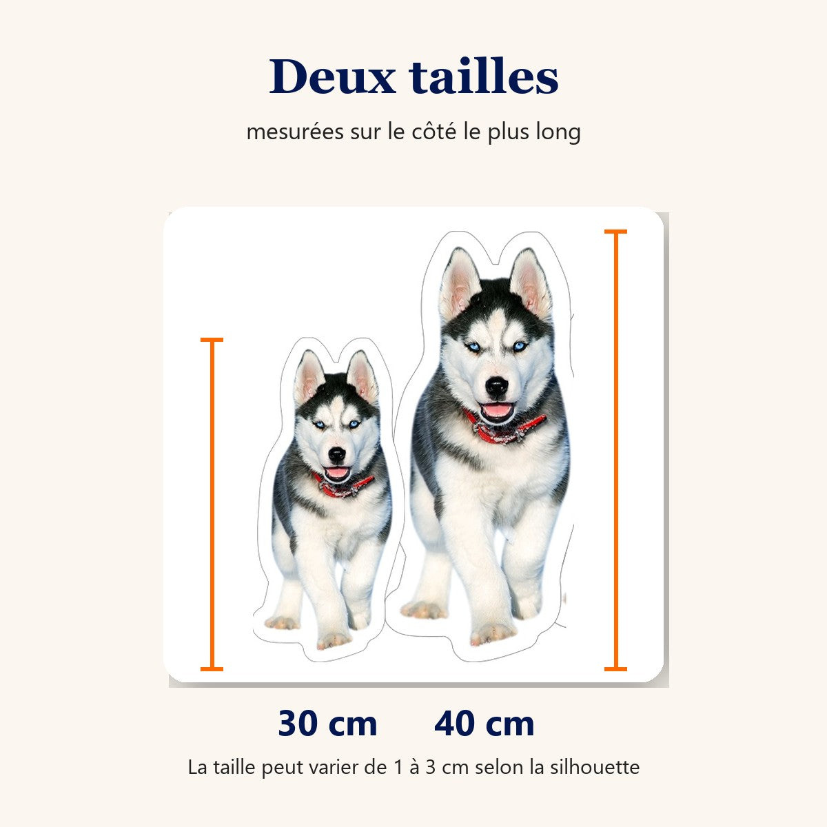 Coussin photo chien en deux tailles, 30 cm et 40 cm, mesurées sur le côté le plus long