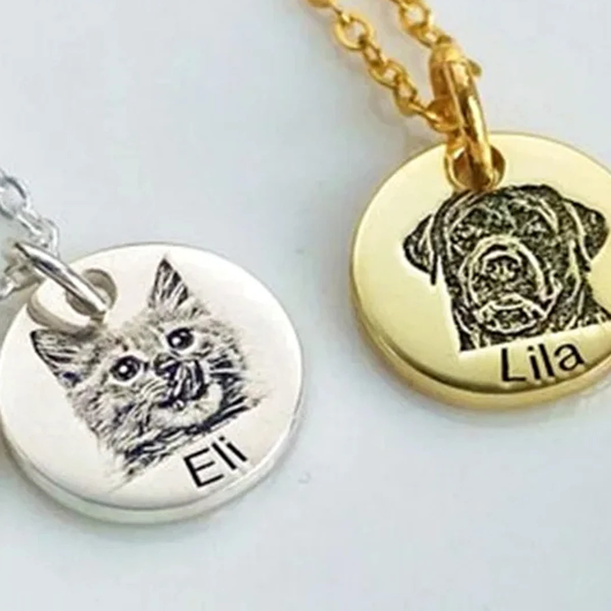 Gros plan sur deux médailles rondes gravées : un chat (Eli) en argenté et un chien (Lila) en doré