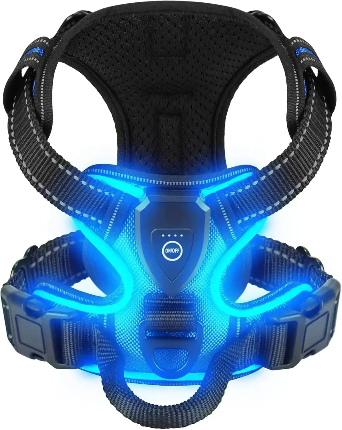 Harnais lumineux rechargeable USB pour chien, coloris bleu allumé : gilet rembourré, bouton marche-arrêt et anneau sur le poitrail