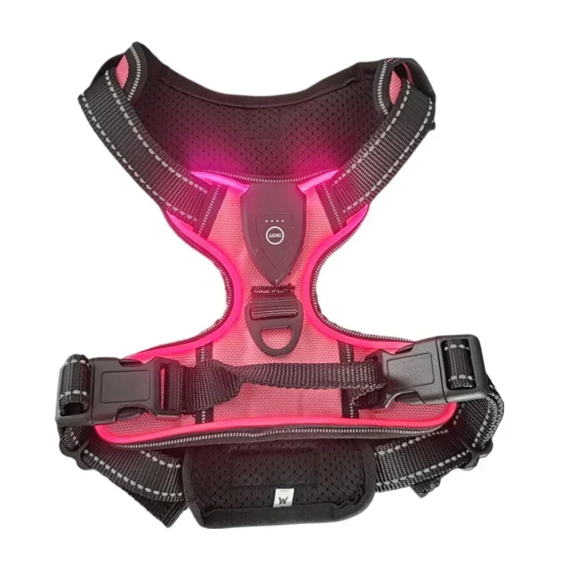 Harnais lumineux rechargeable pour chien, coloris rose allumé, posé à plat avec ses boucles et sa poignée