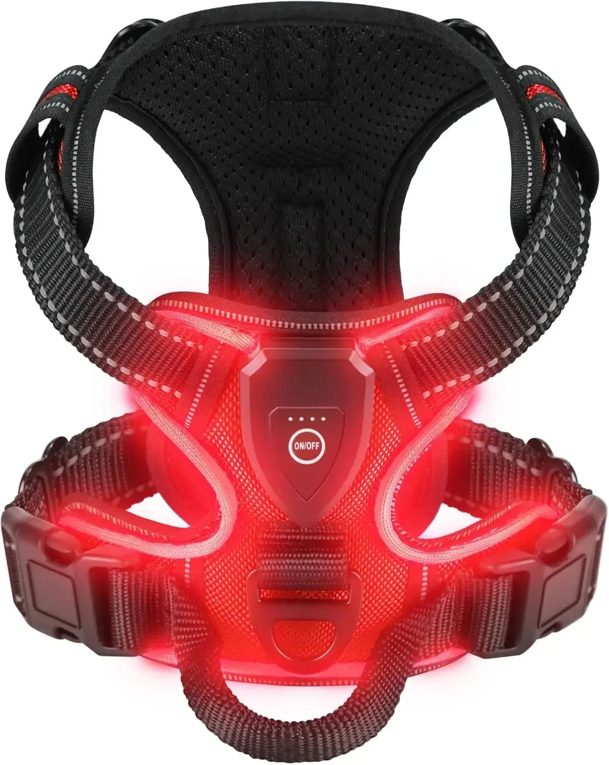 Harnais lumineux rechargeable USB pour chien, coloris rouge allumé, sangles à bandes réfléchissantes