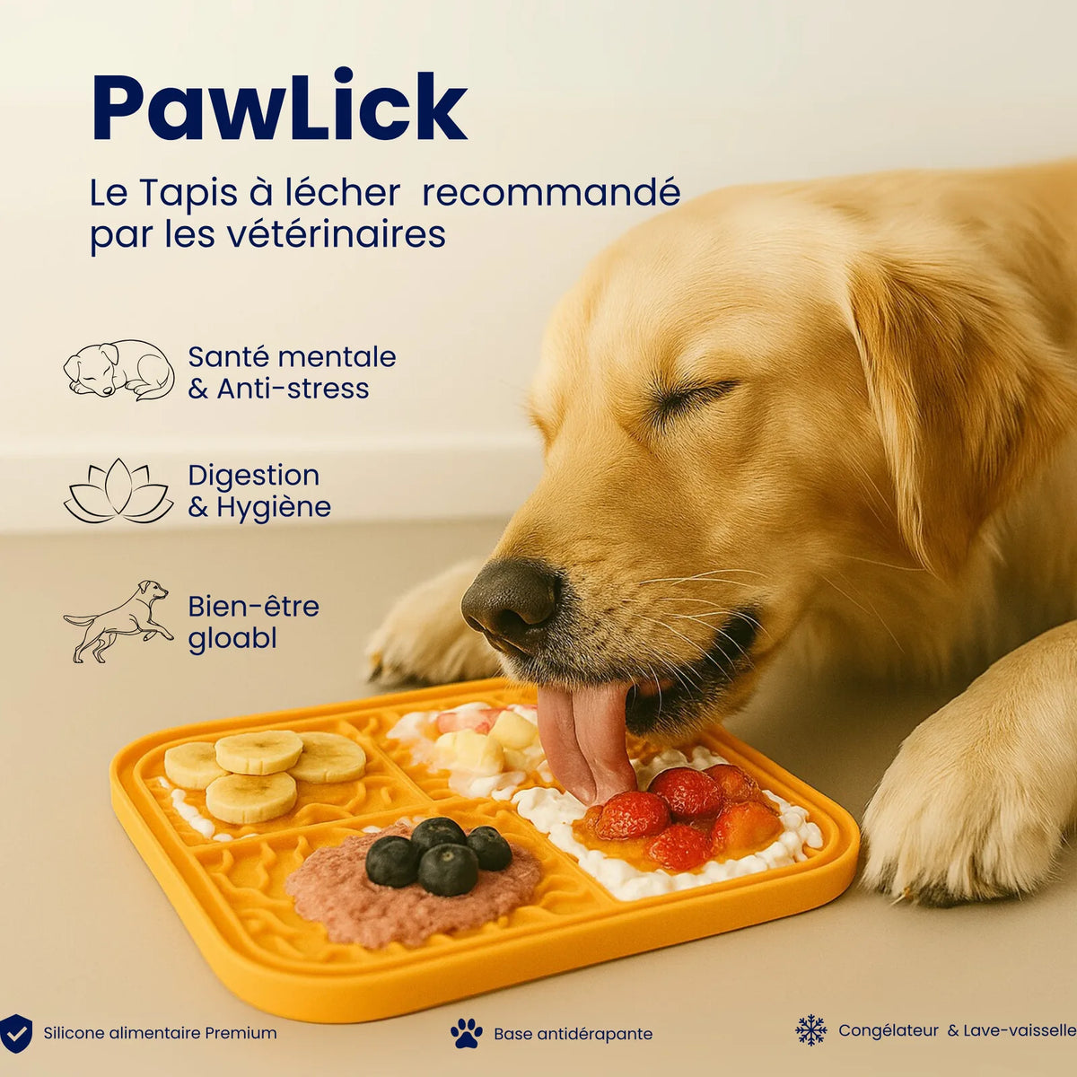 Tapis de léchage PawLick orange garni de fruits, golden retriever qui lèche