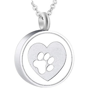Pendentif porte-cendres chien argenté : cœur mat et empreinte de patte en relief