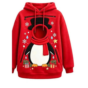 Pull de Noël rouge motif pingouin avec ouverture ronde pour la tête du chat