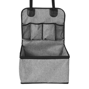 Siège auto pour petit chien en tissu gris avec poches de rangement sur le dossier