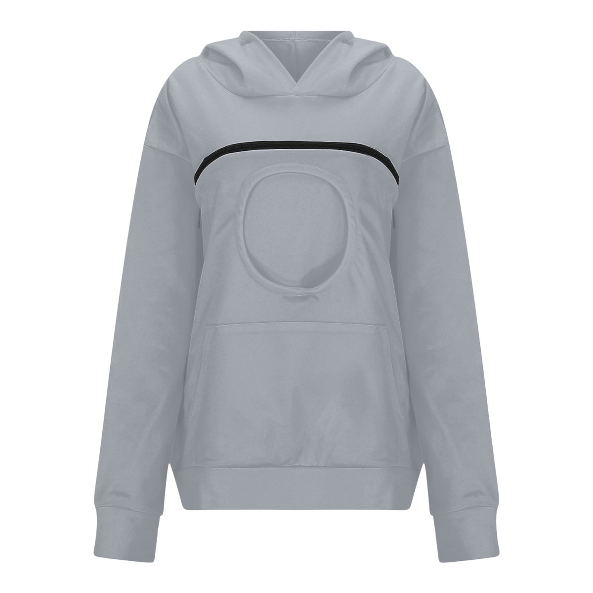 Sweat porte chat zippé gris présenté à plat : poche poitrine zippée avec ouverture ronde et poche kangourou pour les mains